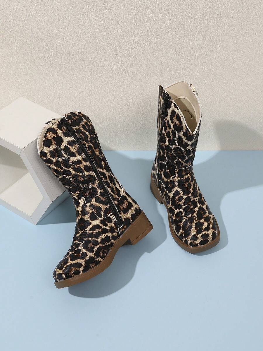 1 Pair Girls' Boots Autumn/Winter New Style High Top Long Boots Princess Leopard Print Prairie Western Boots - Brown - View 1