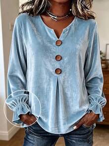 Plus Size Women's Solid Color Button Front Casual Vacation Long Sleeve Top, Autumn/Winter - Baby Blue - View 3