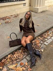 Vivid Style Brown Fuzzy Knit Cardigan Women Crewneck Button Up Crop Loose Sweater Drop Shoulder Long Sleeve Cozy Ribbed Knitted Jumper Coat - Coffee Brown - View 2