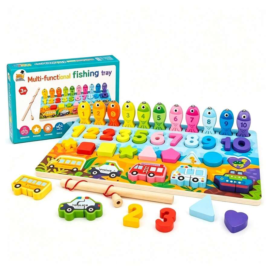 1 Pieza Bandeja de Pesca Multifuncional de Madera, Juego de Pesca Magnético con Números y Formas, Juguete Educativo para Niños +3 Años - 1 - Ver 1