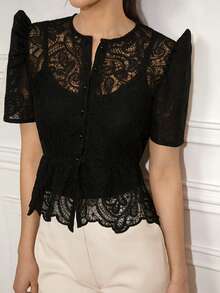 Modern Philippine Style Butterfly Sleeve Lace Top - Black - View 4