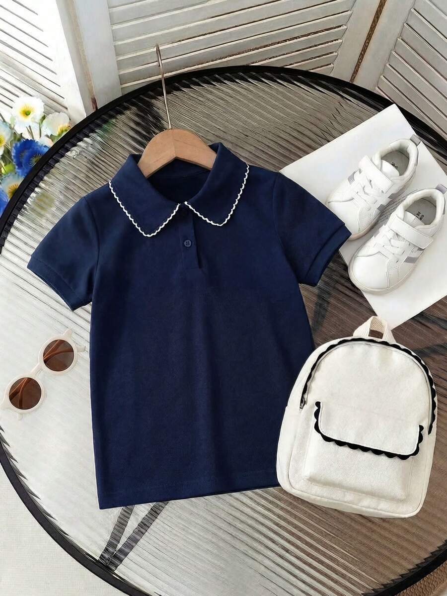 1件女童夏季新款Polo衫,百搭休闲可爱T恤 - 藏蓝色 - 查看 1