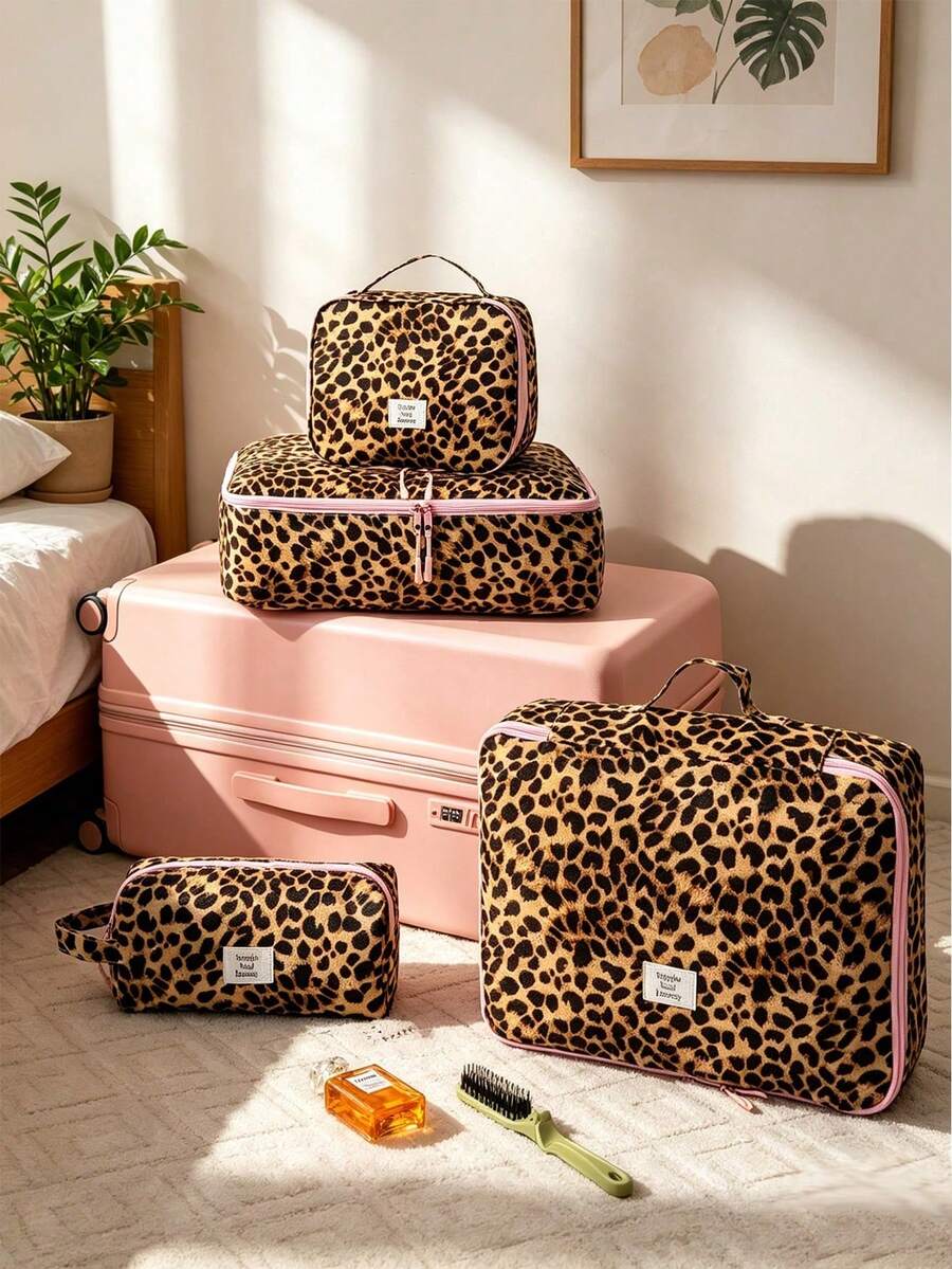 Leopard Print Travel Storage Bag, Lightweight Travel Organizer, Multi-Size Large Capacity Cosmetic Bag, Toiletry Bag, Clothing Storage Bag - Multicolor - View 1