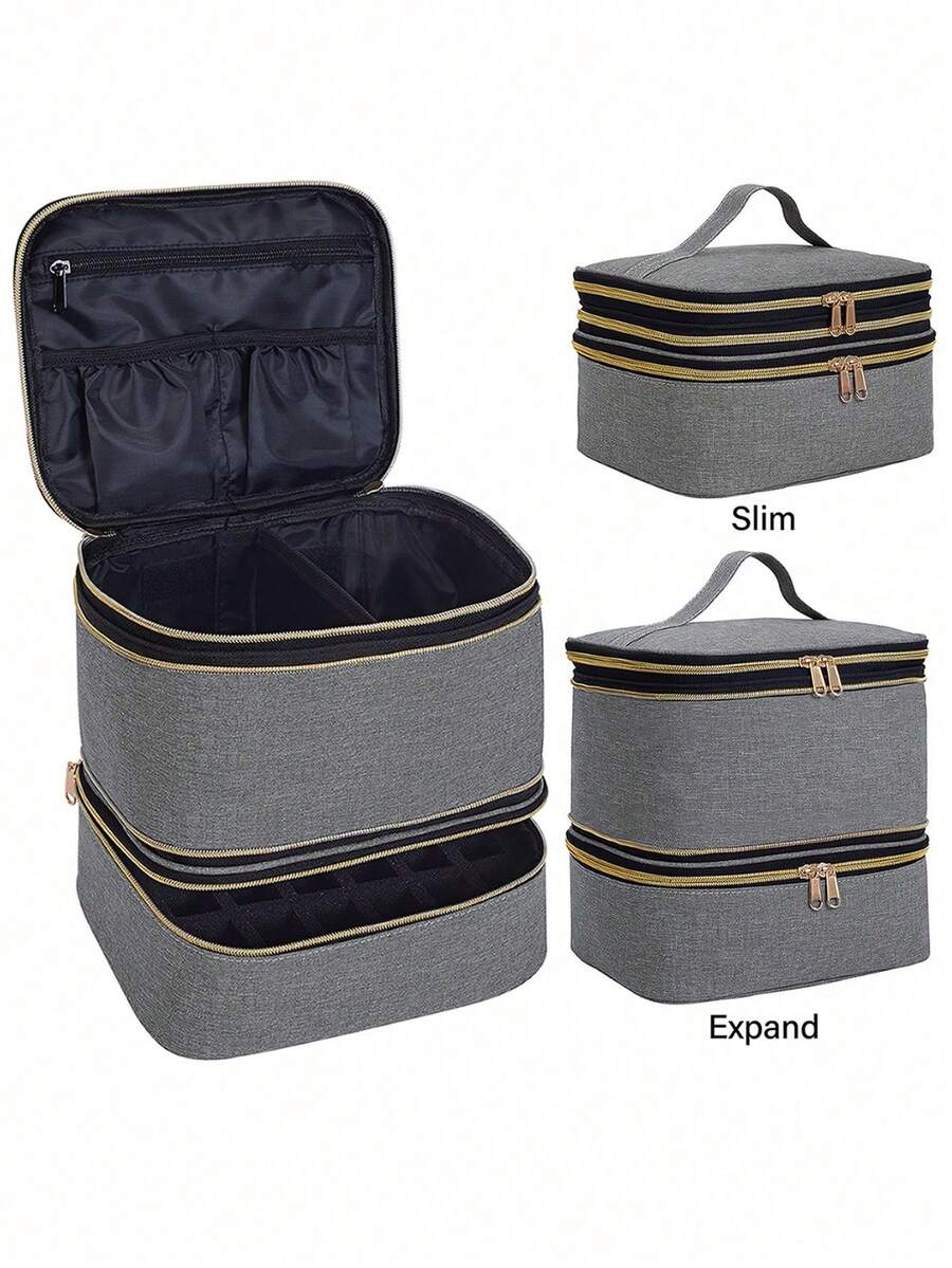 Organizador de Esmalte de Uñas de Mano de Doble Capa, Bolsa Organizadora de Cosméticos para Niñas y Mujeres, Arte de Uñas, Aceites Esenciales, Juego de Cosméticos, Uso Diario y de Viaje - 02 Gris - Ver 1