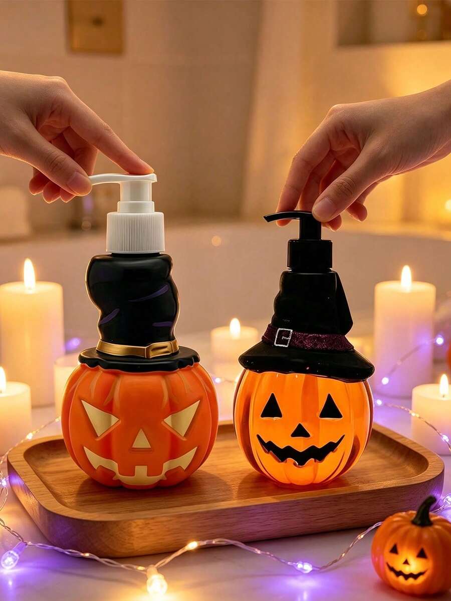 1pc Halloween Pumpkin Shaped Pump Dispenser Bottle 350ml Jack-O'-Lantern With Witch Hat Design, Shampoo Body Wash Hand Soap Universal Storage Empty Bottle, Halloween Bathroom Decor Gift Container, Halloween Gift, Refillable - Orange - View 1