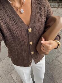 Women's Casual Elegant Heart Gold Button Open Front Solid Color Cable-Knit Drop Shoulder Knitted Sweater Cardigan Top Long Sleeves Office Fall - Brown - View 2