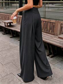 Women's Early Autumn Fashion Dark Gray Commuter Minimalist Blazer With Striped Overlap And Pockets, Suitable For Daily Casual And Formal Occasions, Long Pants - Dark Grey - View 2
