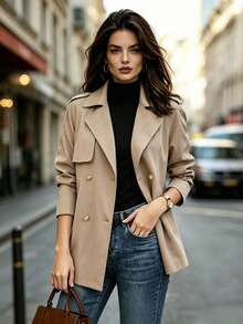 Women's Classic Lapel Long Sleeve Trench Coat, With Buttons And Pockets, Suitable For Spring And Autumn Wear, Elegant Woven Fabric, Regular Fit - Khaki - View 9