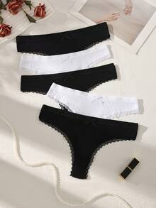 5pcs Black & White Bow Ribbed Cotton Women's Thong Panties - Black and White - View 4