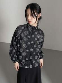 Korean Style Floral Dark Pattern Vintage Cute Print Hooded Lightweight Sun Protection Versatile Nylon Jacket - Black - View 6