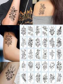 30pcs Black Sketch Waterproof Tattoo Stickers, Flower,Flower Snake Small Patterns Temporary Tattoo Stickers For Woman And Men Hands, Body Decor - Black - View 1
