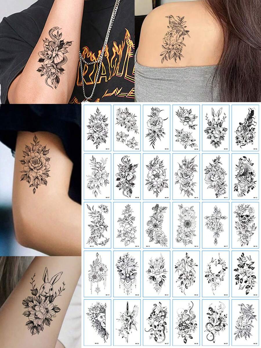 30pcs Black Sketch Waterproof Tattoo Stickers, Flower,Flower Snake Small Patterns Temporary Tattoo Stickers For Woman And Men Hands, Body Decor - Black - View 1
