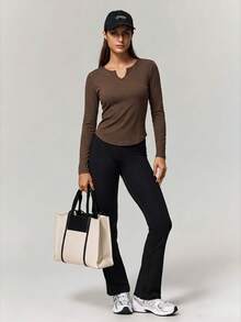 ملابس علوية رياضي نسائي للياقة البدنية واليوجا، ملابس علوية رياضي سريع الجفاف، مناسب للجري وتمارين الجيم، طبقة أساسية مرنة مضغوطة، ملابس رياضية نشطة للربيع - قهوة بني - مشاهدة 3