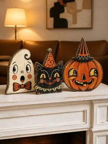 3pcs/1pc Vintage Wooden Halloween Tiered Tray Decor, Ghost Cat Pumpkin Desktop Ornament, Distressed Spooky Farmhouse Style Fireplace Window Sill Indoor Autumn Holiday Decoration - Multi-color - View 2