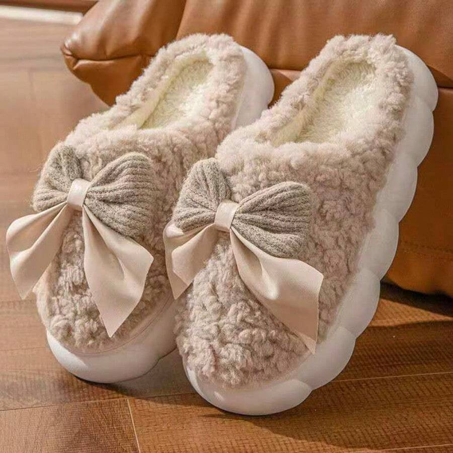 Fashion Bow Cotton Indoor Slippers Warm Comfy Slipper For Womens - PL332LO=MARROM - Visão 1