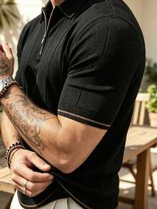 ALTZTAR Men's Summer Half-Zip Polo Collar Ribbed Solid Color Short Sleeve Knit Sweater - Black - View 3