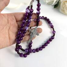 手工紫色59顆珠天主教玫瑰念珠項鍊，附十字架吊墜，女性祈禱靈性飾品項鍊 - 紫色 - 查看 6