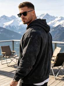 Men's Solid Color Drop Shoulder Long Sleeve Casual Pocket Hoodie, Autumn/Winter - Multicolor - View 2