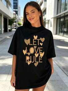 Soft And Fluffy,Pure Comfort,Retro Design,With Heart-Shaped And Letter Patterns,It Is A Versatile Item T Shirt. - 黑色 - 查看 1