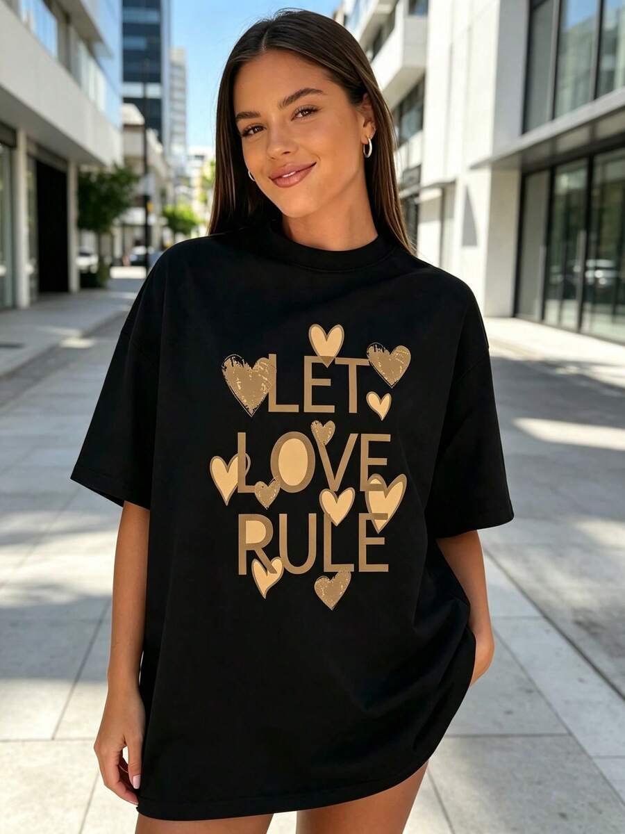 Soft And Fluffy,Pure Comfort,Retro Design,With Heart-Shaped And Letter Patterns,It Is A Versatile Item T Shirt. - 黑色 - 查看 1