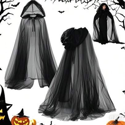 1pc/Halloween Hooded Mesh Cape, Dark Style Party Costume, Sheer Hooded Cloak Outfit