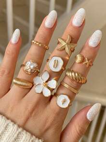 10pcs Multi-Layer Stackable Fashion Minimalist Elegant Exquisite Vintage Design Floral Faux Pearl Artificial Starfish Shell Element Oil Drop Geometric Asymmetrical Pleated Texture Metal Style Exaggerated Wide Face Chunky Rings Set, Holiday Vacation Party Date Gift, Daily Commute Wear, Personalized - Yellow Gold - View 2