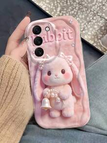 1pc Creamy Big Wave InsD Plush Pink Droopy Ear Rabbit Pearl Bow Bell Pattern Phone Case, Milky White Wave Texture Full Coverage Lens Soft Shell Compatible With Samsung, Series Phones - White - View 4