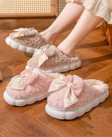 Fashion Bow Cotton Indoor Slippers Warm Comfy Slipper For Womens - PL332LO=MARROM - Visão 2