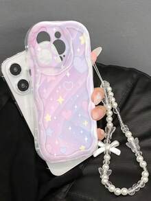 1pc Cream Dopamine Wave Ruffle Soft TPU Texture Creative Personalized Rainbow Gradient + Pearl Chain Phone Case Compatible With Galaxy S21 S22 S23 S24 S25 S26/Honor/ And More Models - Clear - View 2