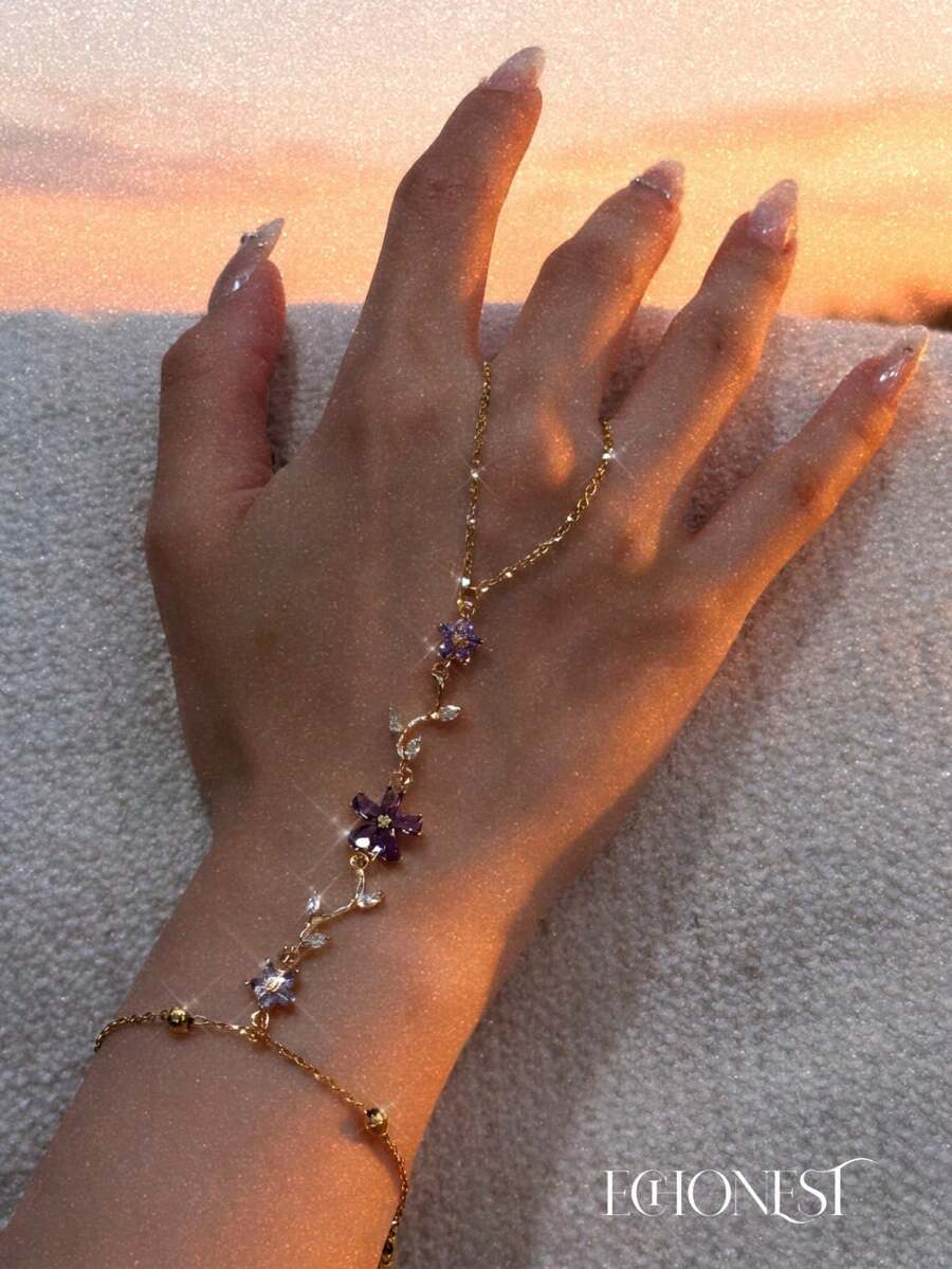 EchoNest 1pc Golden Stainless Steel Bauhinia Flower Linked Finger Bracelet, Vacation Party Finger Chain Decorative Accessory - Yellow Gold - View 1