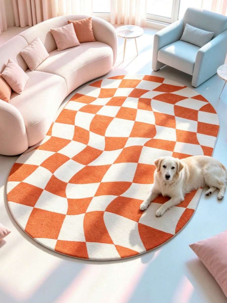 1pc Gentle Green Checkerboard Asymmetrical Shaped Artistic Rug, Personalized Aesthetic Style Decorative Floor Mat, Ins Style Living Room Aesthetic Atmosphere Blanket, Modern Minimalist Soft Decor Accent, Asymmetrical Shaped Design, Small Rug, Floor Mat, Home Decor, Area Rug, Bedroom Bedside Blanket, Door Mat, Washable Carpet - Multi-color 1 - View 1
