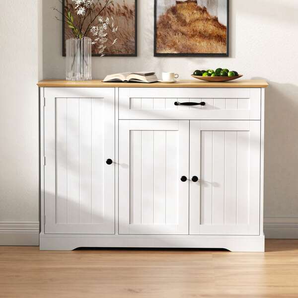 Modernes, Elegantes Sideboard Mit 3 Türen Und Einer Schublade, Buffetschrank Für Esszimmer, Wohnzimmer Und Diele (Weiß+Natur)