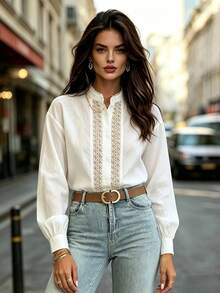 Women's White Long Sleeve Lace Patchwork Front Button Stand Collar Blouse, Semi-Sheer Woven Fabric, Autumn Bohemian Style - White - View 6