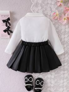 2pcs Baby Girl Sweet Elegant Outfit: White Ribbed Polo Neck Floral Sweatshirt Top + 3D Bow Pleated Faux Leather Mini Skirt Set - White - View 3
