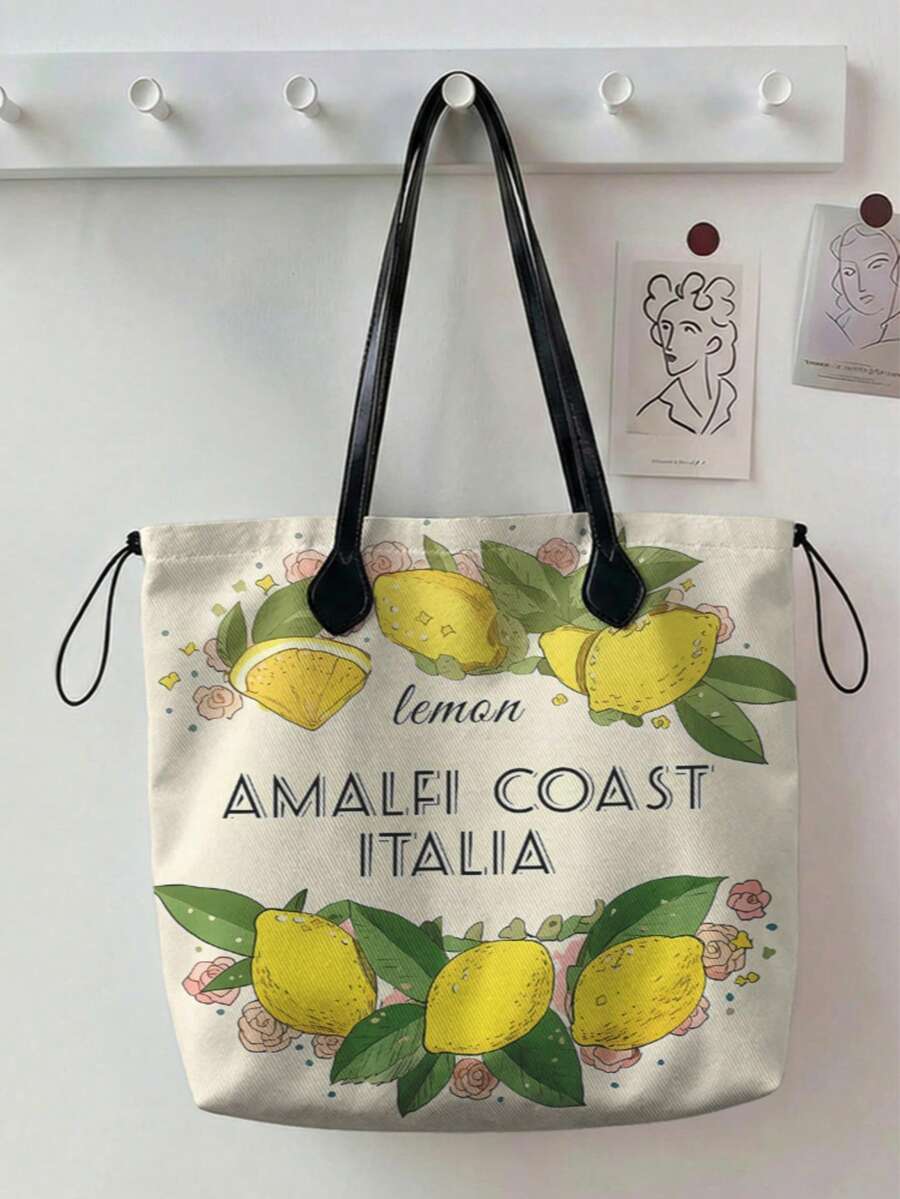 1pc Tote Bag, Fruit & Floral Print, Lightweight, Foldable, Fashionable, Personalized Handbag, Large Capacity Casual Shoulder Bag, Suitable For Work, School, Shopping And Daily Use - Multicolor - View 1