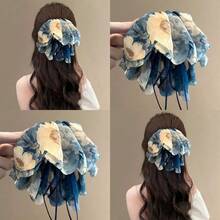 1 buah Jepit Rambut Vertikal Chiffon Ringan dengan Motif Cat Air, Pita Ruffle Berlapis Besar, dan Rumbai Biru Panjang, Jepit Rambut Pisang Pegas Plastik untuk Gaya Rambut Setengah Terangkat, Aksesori Sempurna untuk Tampilan Kencan dan Pakaian Liburan Pastel Lembut - MultiWarna - View 2
