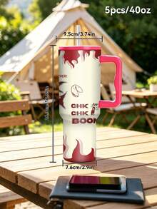 1pc/5pcs 40oz Red Flame CHK BOOM Letter Print Handle Travel Mug, Double-Wall Stainless Steel Large Capacity Cup, Street Style Pattern, Suitable For Office And Road Trips - Multi-color-flame - View 11