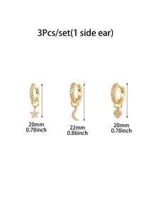 Juego de 3 piezas de pendientes de aro huggie colgantes con estrella, luna y corazón chapados en oro, con encantos de circonita cúbica brillante, joyería de oreja multi-perforación apilable para mujer - 3 piezas/juego (1 oreja lateral) - Ver 3