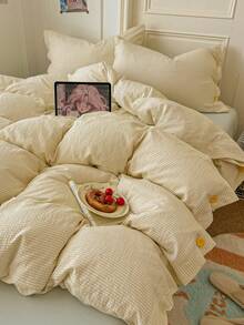 Cream Yellow Fine Striped Washed Jacquard Button Style 4-Piece Bedding Set, Contrast Yellow Button Decor, Breathable Soft All-Season Bedding Set Including 1 Duvet Cover, 1 Bed Sheet, 2 Pillowcases, No Filling, Suitable For Dorm, Bedroom, Home Use, Multiple Size Options - Champagne - View 11