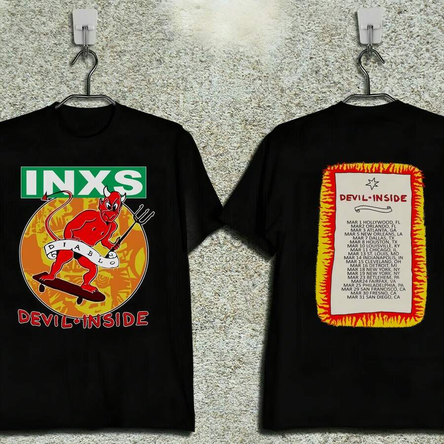 INXS Devil Inside Vintage Rock Graphic Tee For Men Women All Classic Rock Fans Retro Double Sided Devil Skate Distressed Oversized Retro Band Tour Mer - Black - View 1
