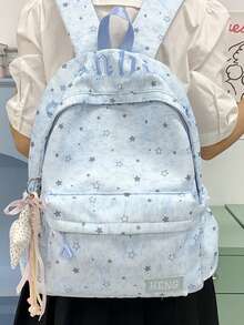 1pc Girls Star Nylon Zipper Closure Fashion Backpack Student School Bag Suitable For All Seasons Daily Use Without Pendant - A - View 2