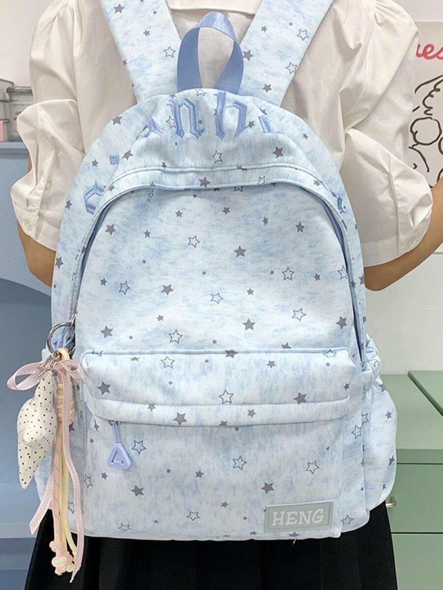 1pc Girls Star Nylon Zipper Closure Fashion Backpack Student School Bag Suitable For All Seasons Daily Use Without Pendant