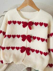 Soft Red & White Heart Jacquard Pullover Knit Sweater, Handmade Bow Tie Loose Lantern Sleeve Faux Cardigan Design Soft Fluffy Sweater Top - Apricot - View 3