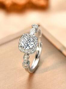 1pc Stainless Steel Square Engagement Ring With Cubic Zirconia, Minimalist Fashion Adjustable Cocktail Ring - Silver - View 8