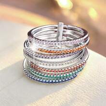 1pc Simple 7 Band Design Copper Wide Ring With Cz Stone Embellishment - Multicolor - View 1