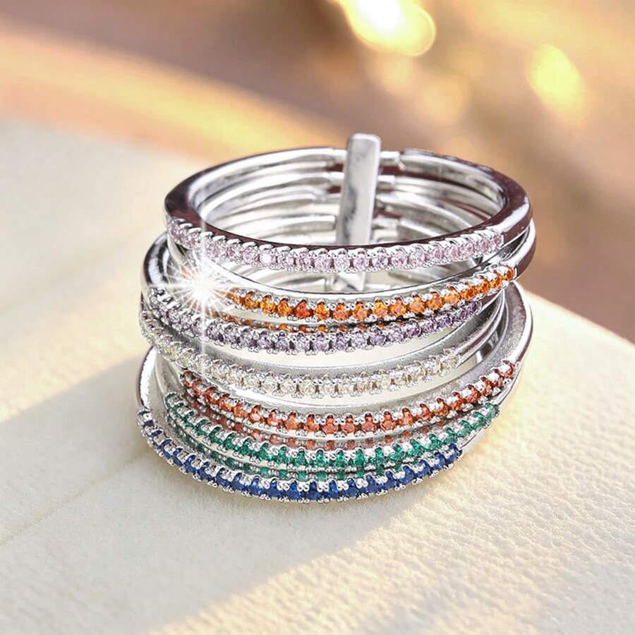 1pc Simple 7 Band Design Copper Wide Ring With Cz Stone Embellishment - Multicolor - View 1