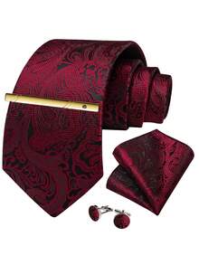Burgundy & Black Paisley Pattern Men's Formal Tie 4-Piece Set With Pocket Square, Cufflinks, Gold Tie Clip, Party & Evening Accessories - Burgundy - View 1