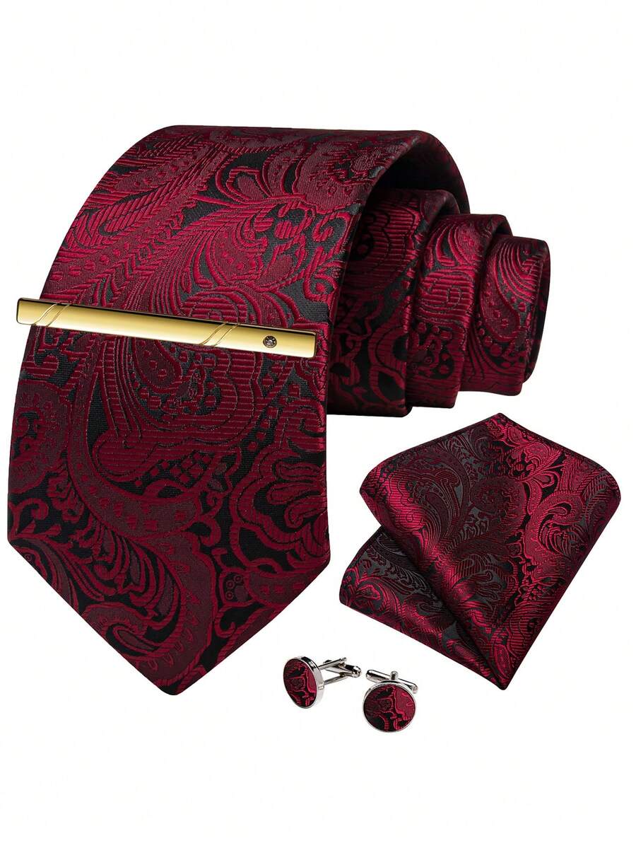 Burgundy & Black Paisley Pattern Men's Formal Tie 4-Piece Set With Pocket Square, Cufflinks, Gold Tie Clip, Party & Evening Accessories - Burgundy - View 1