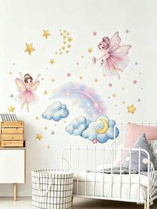 2 Styles Fairy Moon Rainbow Cloud Wall Decals, Removable Self‑Adhesive Wall Art, Home Decor, Girls Nursery Bedroom Baby Shower Decor - Multicolor - View 3