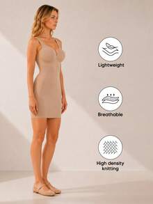Women's V-Neck Sleeveless Bodycon Dress, Seamless Tummy Control Slimming Mini Dress, Butt Lifting Slimming Party Slip Dress - Khaki - View 6